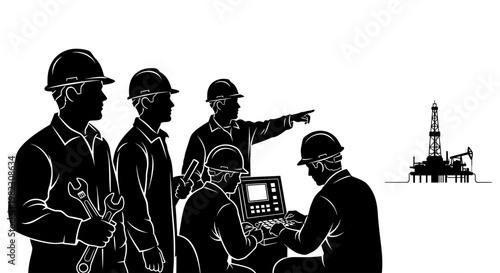 Workers in hard hats discussing oil.