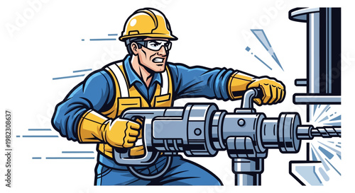 Man in hardhat using drill machine.