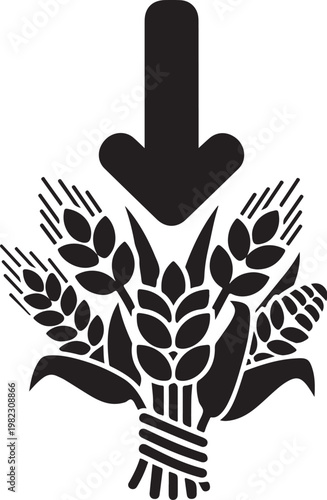 Black wheat sheaf icon with downward arrow, agricultural symbol, grain bundle logo, vector illustration