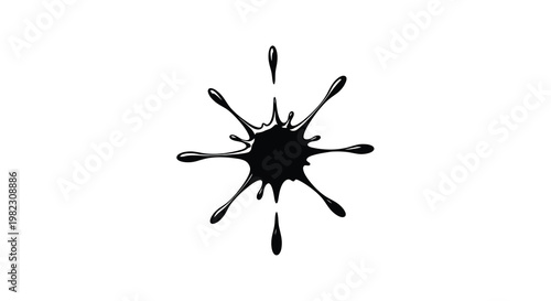A stark black ink splatter dominates a white background resembling a bursting or exploding form