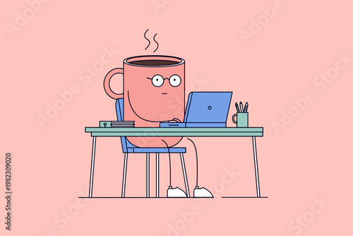 Giant Animated Coffee Mug Working at Tiny Office Desk