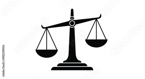 A black and white illustration depicts a traditional balance scale symbolizing justice and fairness high quality