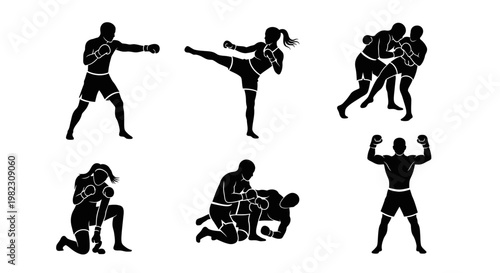 Silhouette illustrations of various martial arts poses and movements in action.