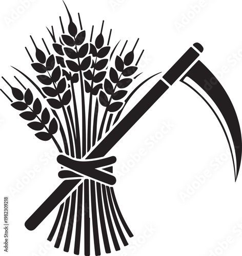 Sickle, wheat bundle, harvesting tool, agriculture icon, black vector