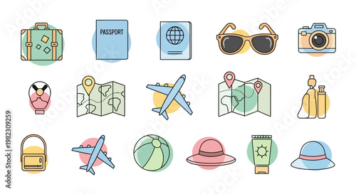 Travel icons and accessories collection.