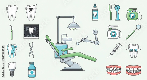 Professional Dentistry Equipment and Orthodontic Treatment Illustrations