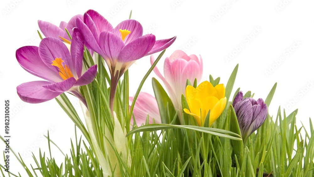 Fototapeta premium Spring flowers on green grass With shadow cut out isolated on white background. AI GENERATED.
