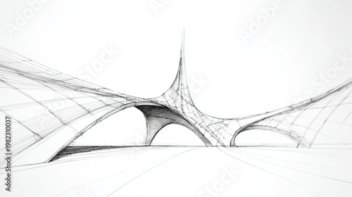 Futuristic bridge structure with arches and lines on white background for conceptual architecture designs