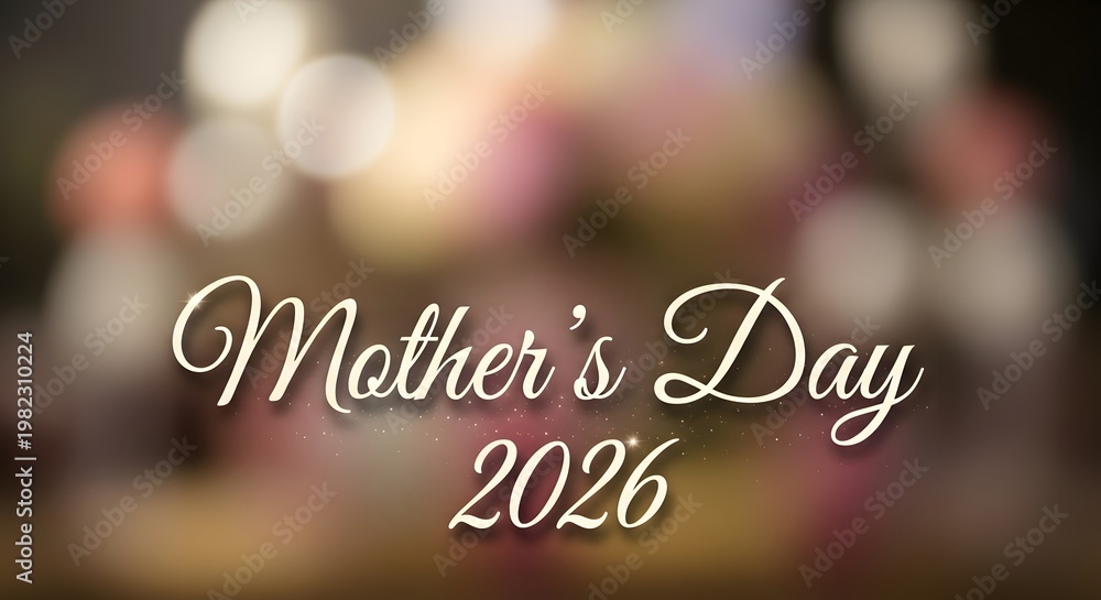 Obraz premium Mother's day 2026 with elegant script on blurred bokeh background
