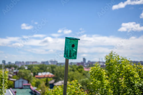 Fotografie Green birdhouse mounted on a pole with a city skyline and blue sky in the backgr