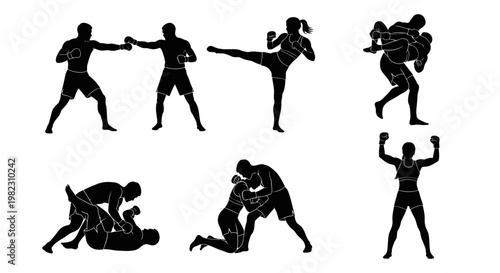 Silhouettes of people practicing martial arts.