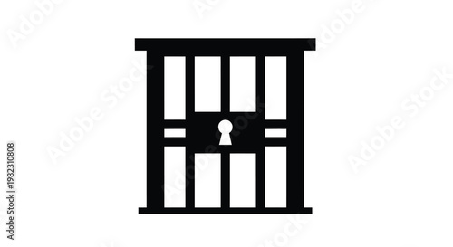 A simple black and white illustration depicts a barred window with a keyhole suggesting confinement