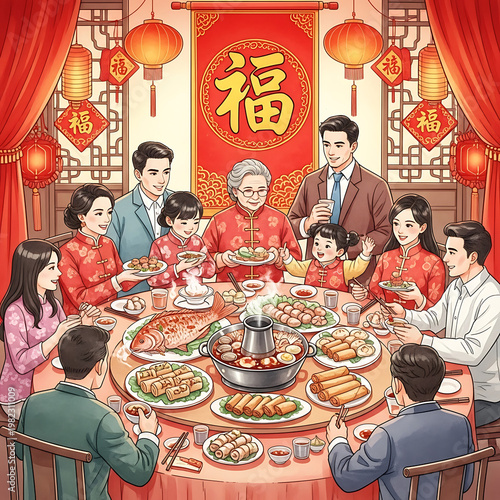 A happy family gathers around a table for a traditional Chinese New Year dinner