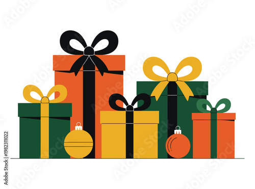 Gifts boxes appear in festive colors.