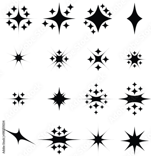 Abstract sparkle starburst vector silhouette set for decorative design