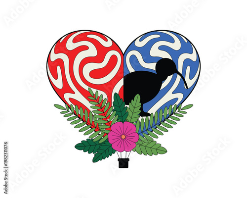 Kiwi bird sits inside a heart pattern.