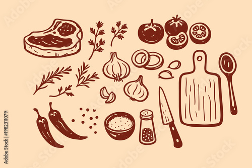 Cooking ingredients doodle vector illustration with steak, tomatoes, onion, herbs, chili and kitchen tools