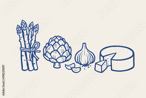 Farm fresh vegetable doodle vector illustration with asparagus, artichoke, garlic and cheese hand drawn set
