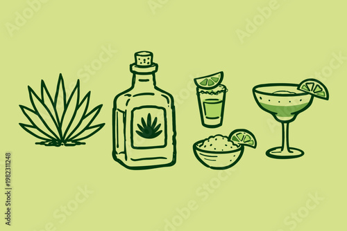 Tequila cocktail doodle vector illustration with agave plant, bottle, shot glass, margarita and lime