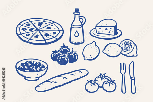 Mediterranean food doodle vector illustration with pizza, olive oil, cheese, lemons, bread and tomatoes