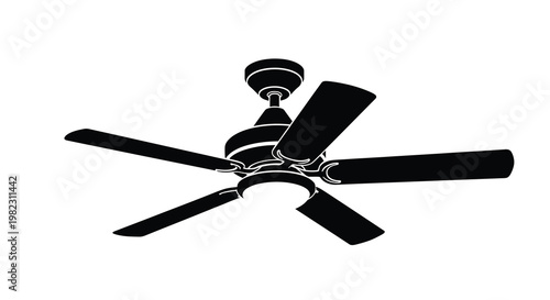 A black and white silhouette depicting a five blade ceiling fan with a central light fixture