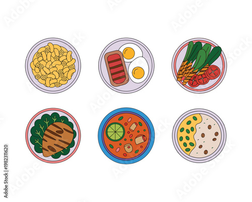 Healthy meals are shown on round plates.