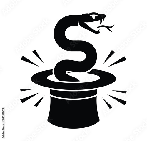 Snake emerges from a black magic hat.