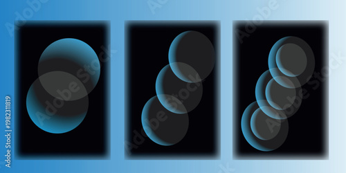 Abstract triptych gradual stack of elliptical forms in blue tones