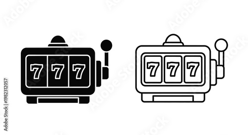 Black and white line art depictions of a classic three reel slot machine