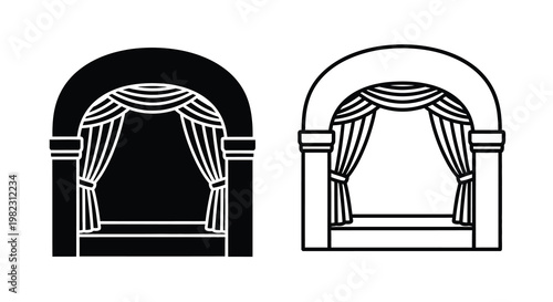 Two black and white depictions of arched stage openings with draped curtains