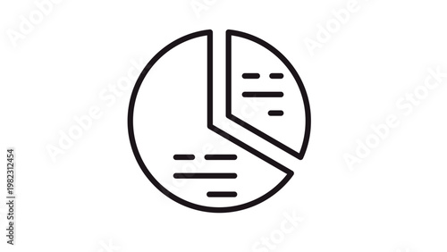 Minimalist black line art vector icon of an exploded pie chart with data lines. Professional illustration for business analytics, financial reports, statistics, and information visualization.