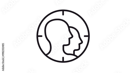 Target Audience Vector Icon Illustration Featuring Two Human Head Silhouettes Inside a Circular Crosshair Symbol for Marketing, Recruitment, Consumer Focus, and Demographic Analysis.