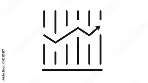 Minimalist black vector icon of a financial line graph with an upward arrow and vertical bars, representing business growth, data analytics, market trends, and success symbol illustration.
