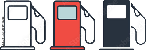 Gas station pump icon set featuring flat color and outline vector designs for fuel transport