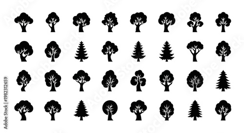 Collection of various tree silhouettes.