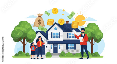 Happy family standing in front of their dream home with coins money bags and cash floating above symbolizing wealth.