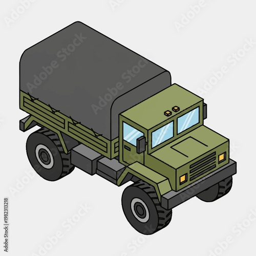 Military truck illustration isometric view green army vehicle.