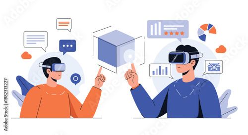 Designers using virtual reality headsets to interact with a 3D cube model and analyze digital performance data charts.