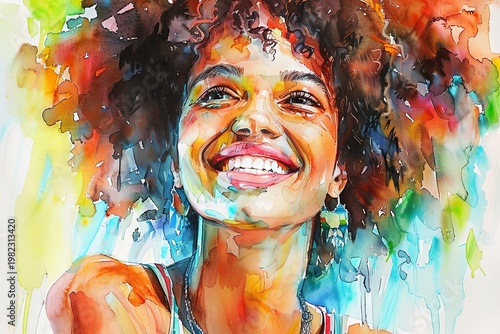 A watercolor painting of a woman with a radiant smile