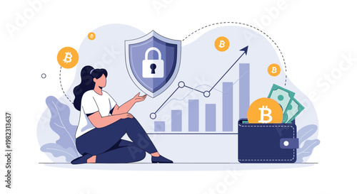 Young woman analyzes financial growth charts and cryptocurrency investments while sitting next to a digital wallet filled with cash.