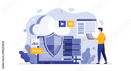 Tech-savvy individual manages secure cloud data servers while protected by a large digital shield in a modern network infrastructure.