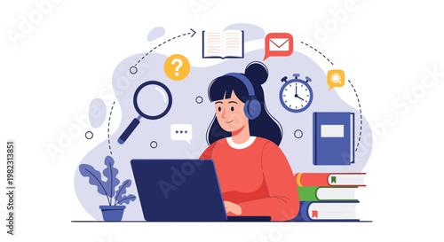 Focused student wearing headphones studies online using a laptop surrounded by various educational icons and stacks of colorful books.