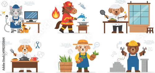 Cute animal profession collection with cat doctor dog chef firefighter farmer and builder, cartoon character job set for kids illustration