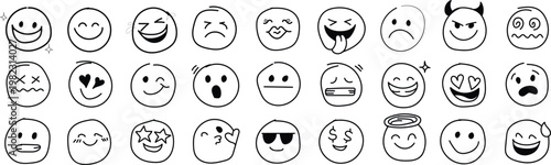 30 diverse emoji faces in flat color neutral background, smiley faces emotions happy