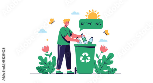Environmentally conscious person responsibly sorts plastic waste into a green recycling bin located in a beautiful garden setting.