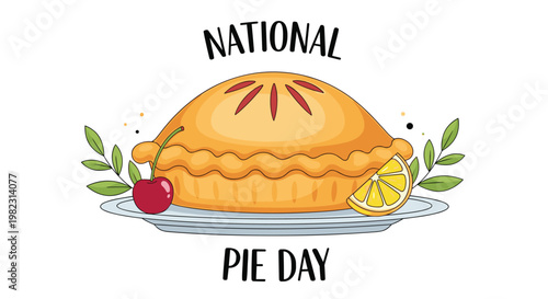 Colorful greeting card design for National Pie Day features a delicious baked pastry served on a plate with fresh fruit garnishes.