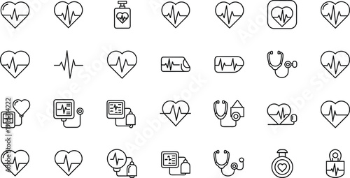 Heart and cardiology line icons vector set featuring ECG pulse medical devices stethoscope and healthcare symbols in minimal outline design collection