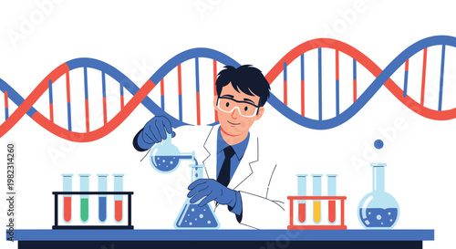Skilled laboratory scientist wearing protective gear carefully mixes chemical solutions in front of a large double helix DNA model.