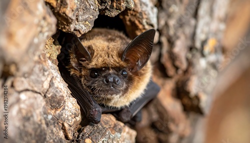 Brown bat in tree cavity with dark wings peeking out in sunlight, observing the camera with intense eyes
