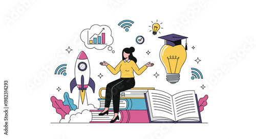 Ambitious woman sits on a stack of giant books surrounded by educational symbols and a launching rocket to represent learning goals.